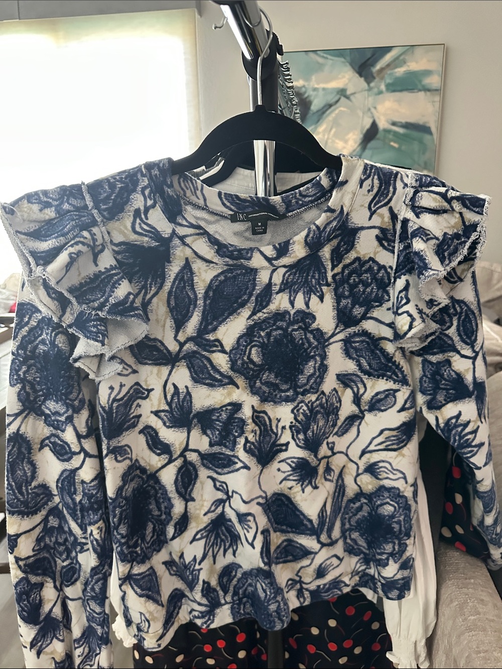 INC International Concepts White and Blue Floral Ruffle Shoulder Dress